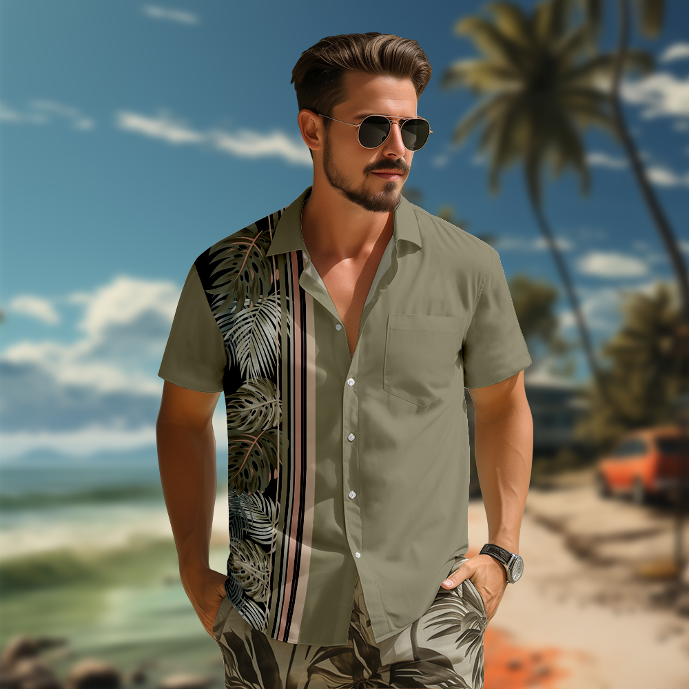 100% Cotton Men's Army Green Leaves Print Short Sleeve Shirt