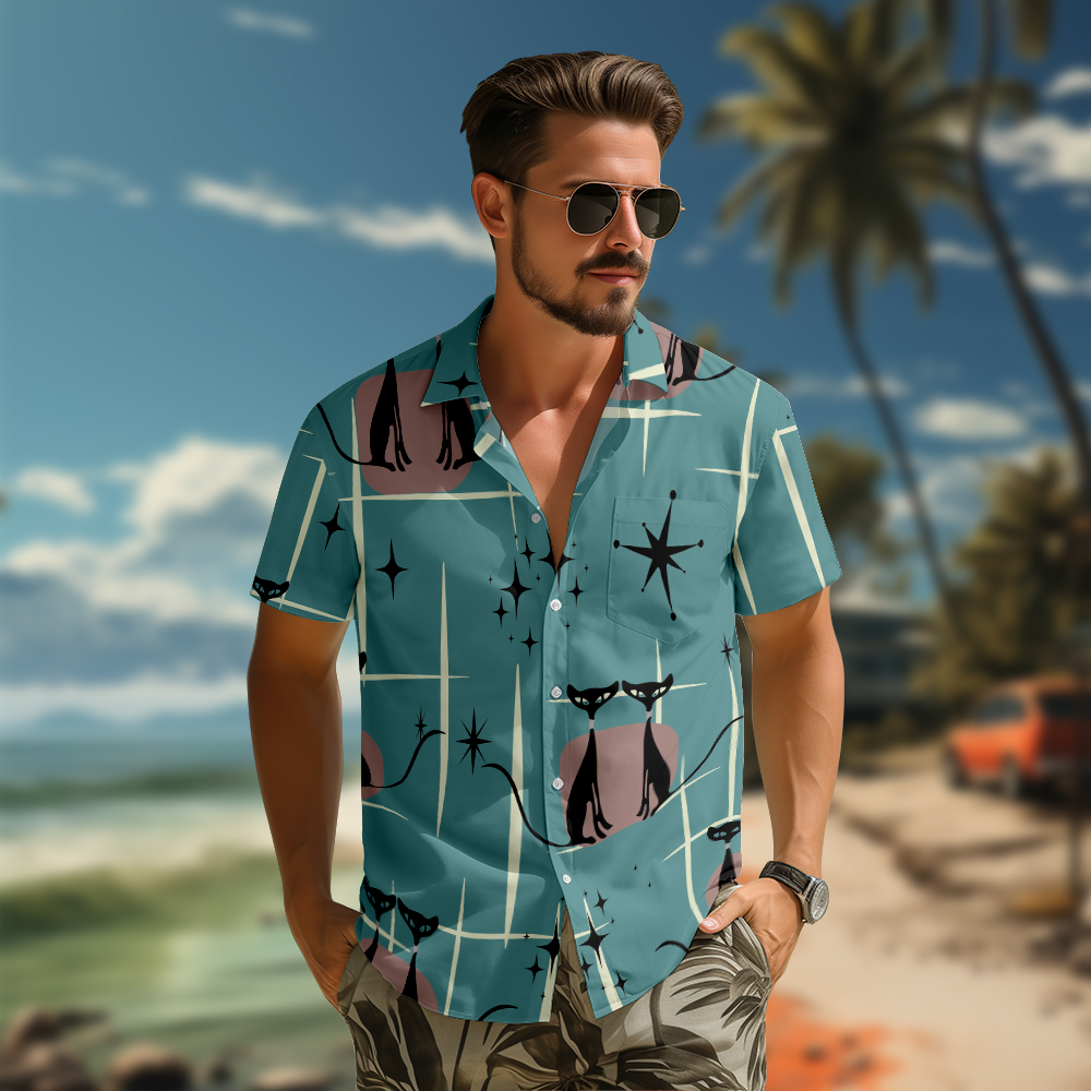 100% Cotton Men's Green Cat Print Short Sleeve Shirt