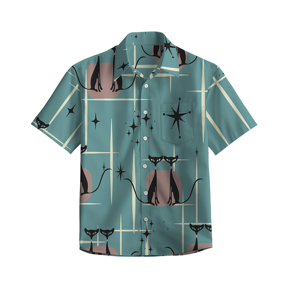 100% Cotton Men's Green Cat Print Short Sleeve Shirt