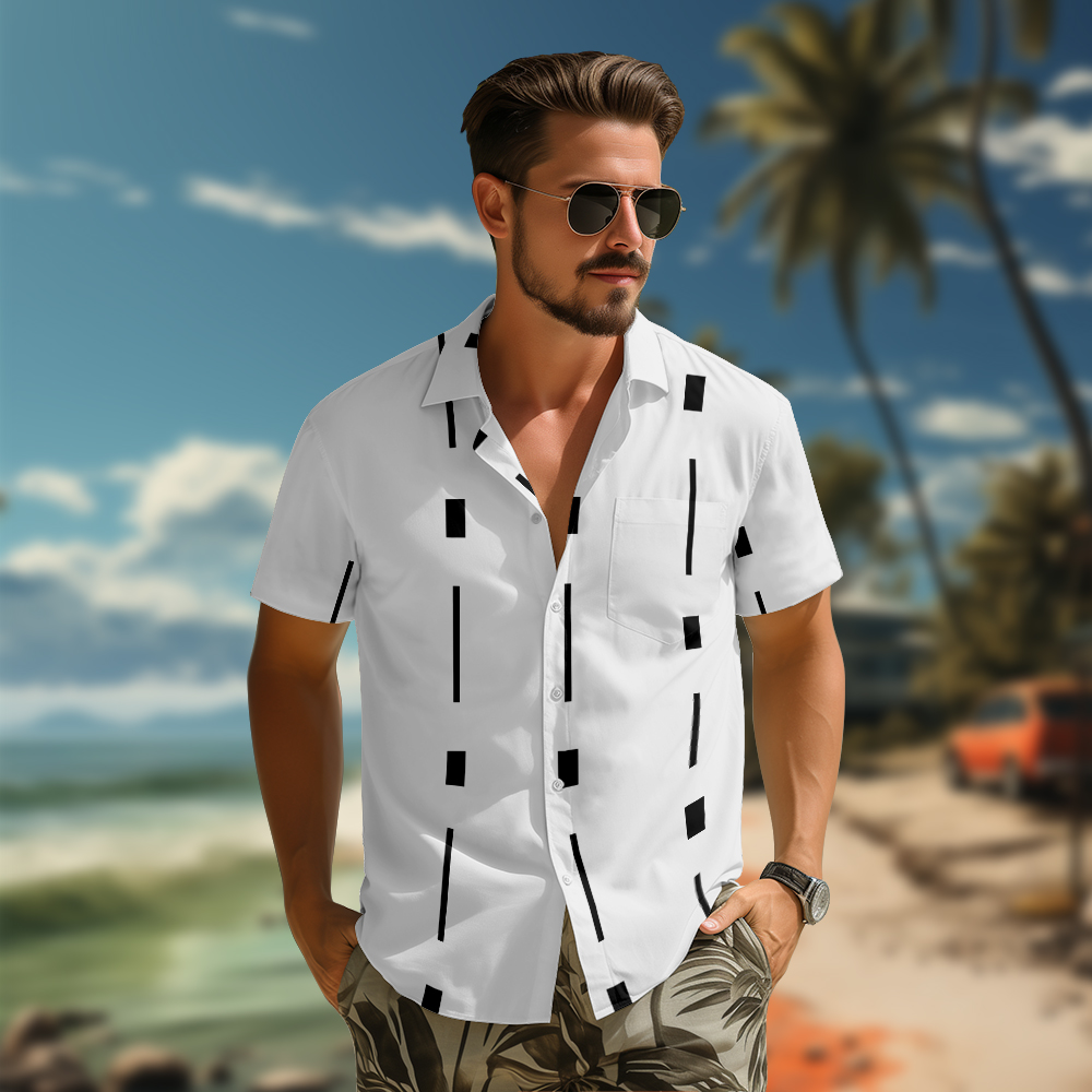 100% Cotton Men's White Lines Print Short Sleeve Shirt