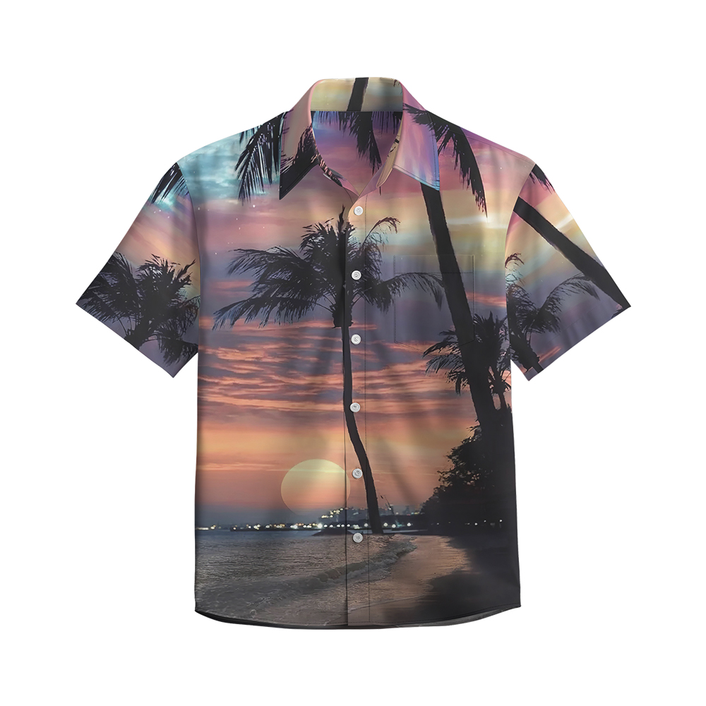 100% Cotton Men's Orange Sunset Print Short Sleeve Shirt