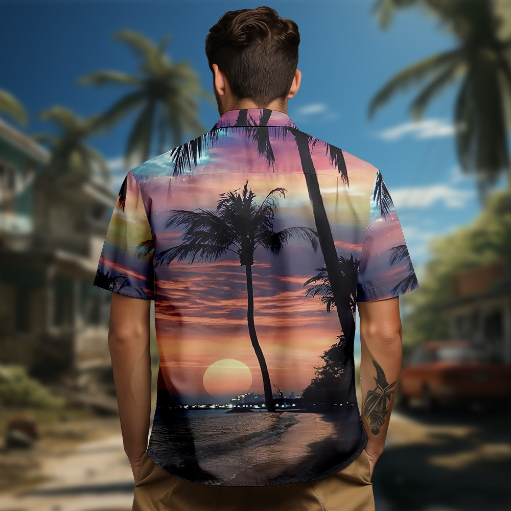 100% Cotton Men's Orange Sunset Print Short Sleeve Shirt