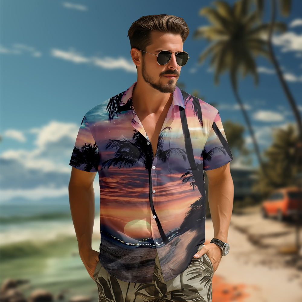 100% Cotton Men's Orange Sunset Print Short Sleeve Shirt