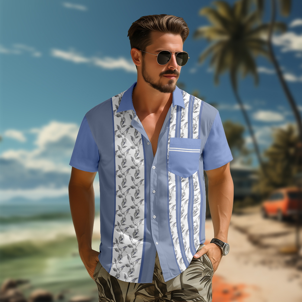100% Cotton Men's Blue Leaves Print Short Sleeve Shirt