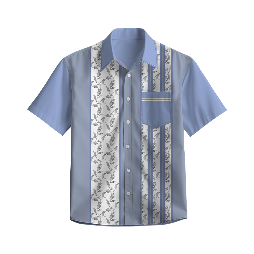 100% Cotton Men's Blue Leaves Print Short Sleeve Shirt
