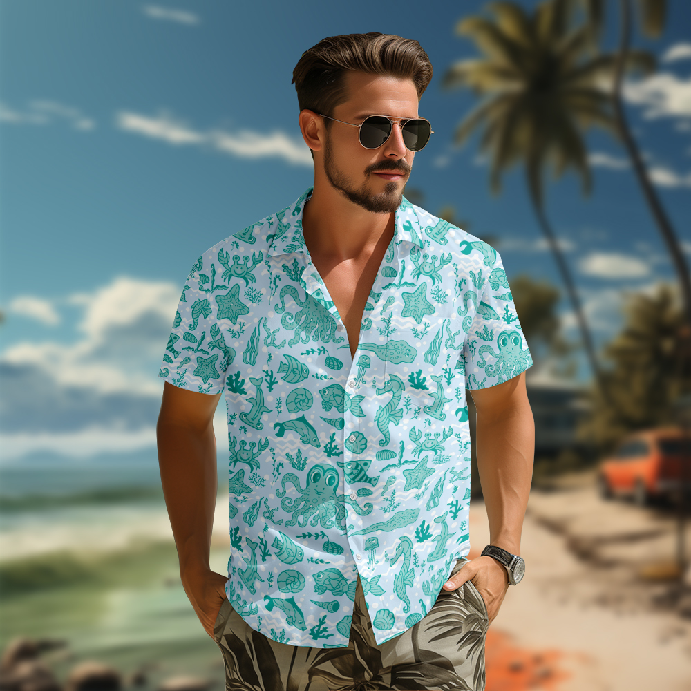 100% Cotton Men's Green Ocean Print Short Sleeve Shirt