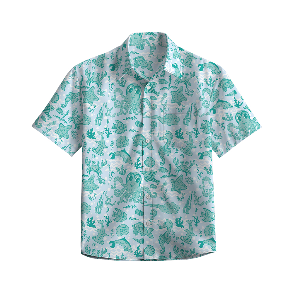100% Cotton Men's Green Ocean Print Short Sleeve Shirt