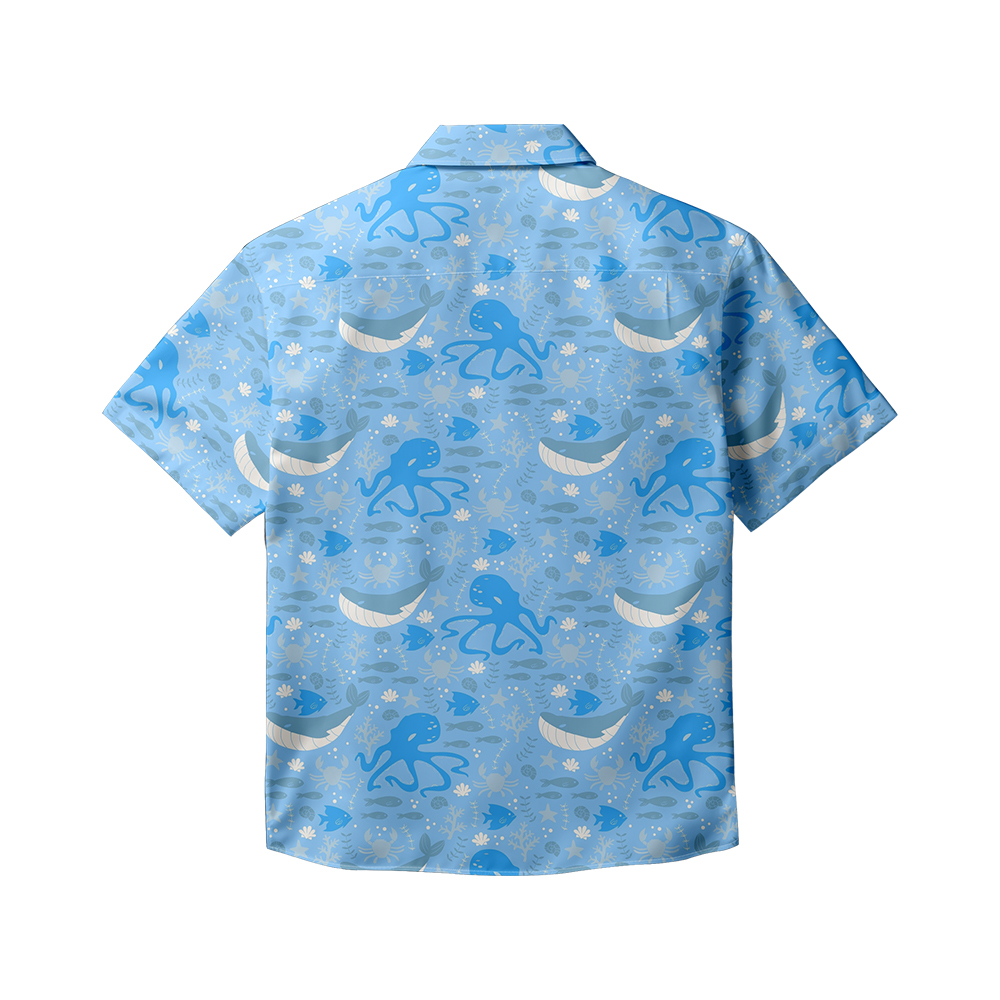 100% Cotton Men's Blue Ocean Print Short Sleeve Shirt