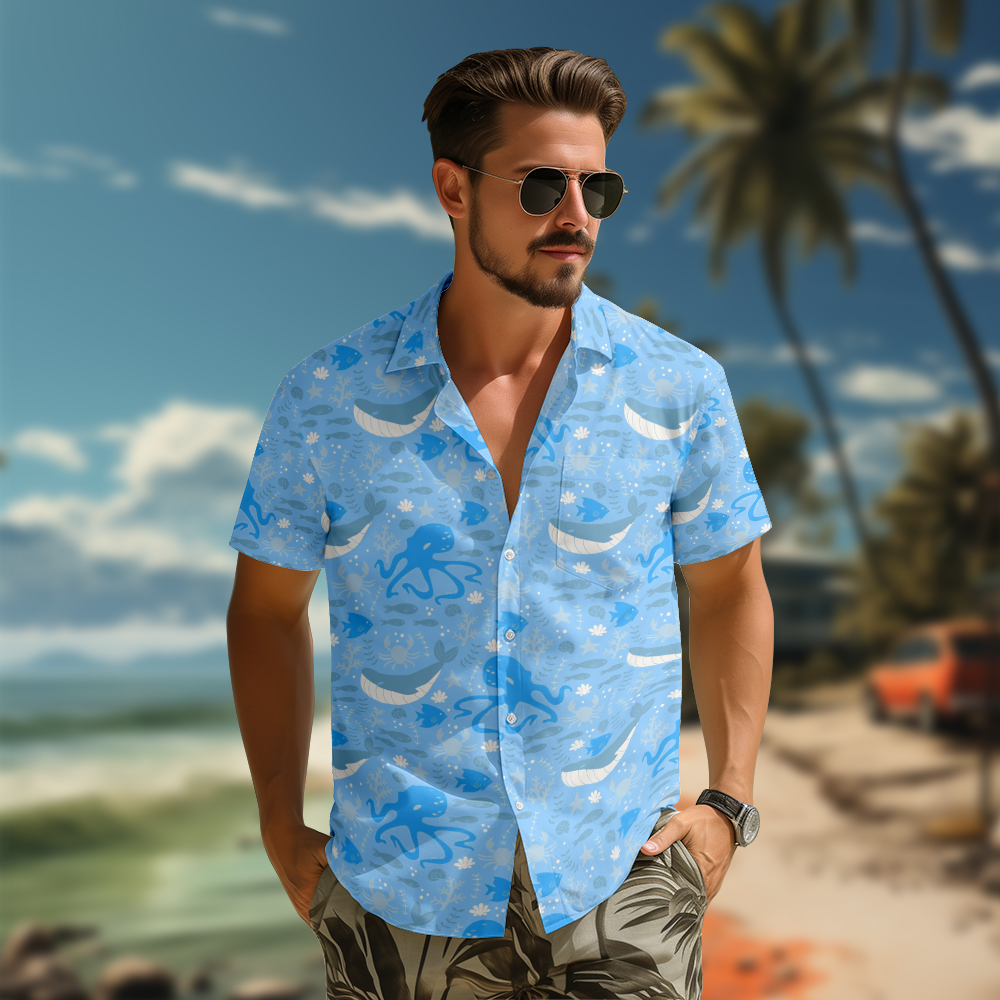 100% Cotton Men's Blue Ocean Print Short Sleeve Shirt