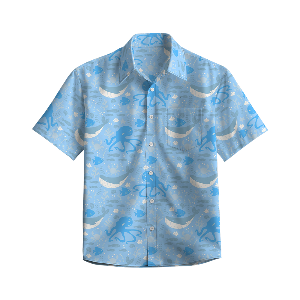 100% Cotton Men's Blue Ocean Print Short Sleeve Shirt