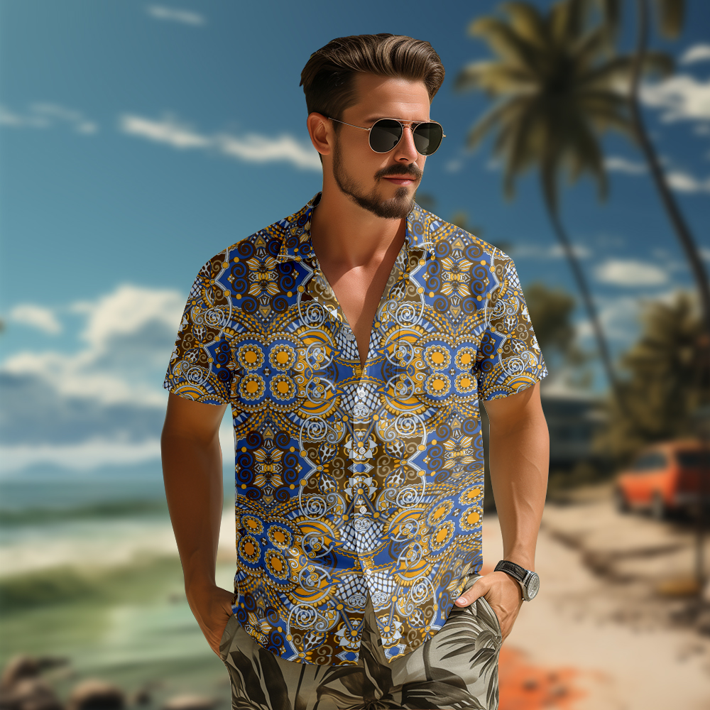 100% Cotton Men's Yellow Totem Print Short Sleeve Shirt