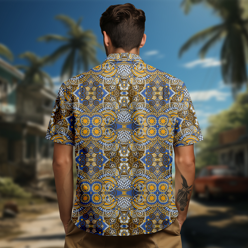 100% Cotton Men's Yellow Totem Print Short Sleeve Shirt