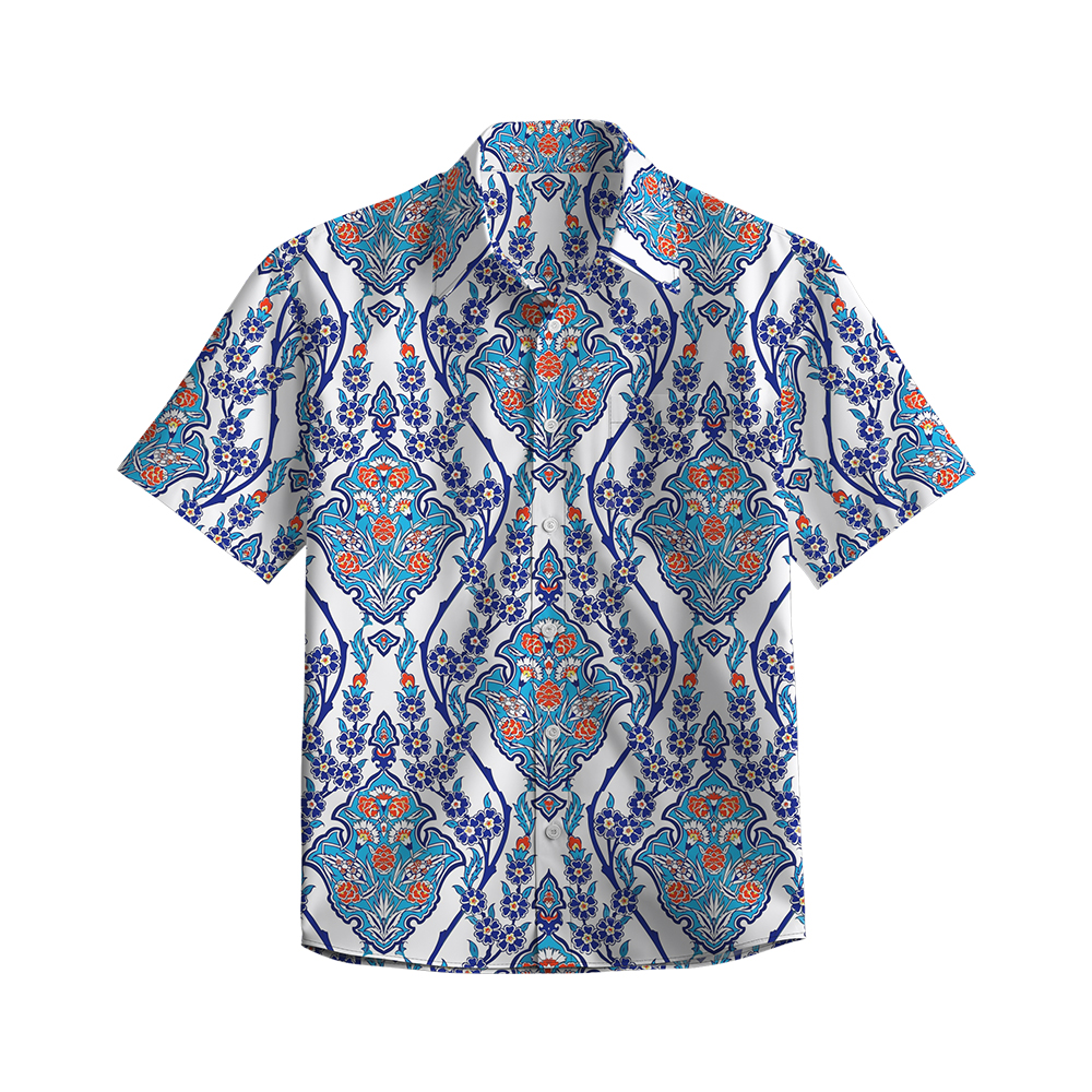 100% Cotton Men's Blue Totem Print Short Sleeve Shirt