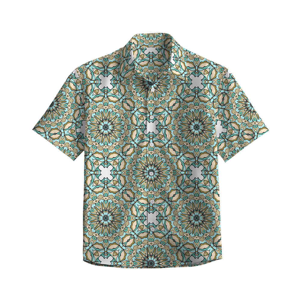 100% Cotton Men's Green Ethnic Totem Print Short Sleeve Shirt
