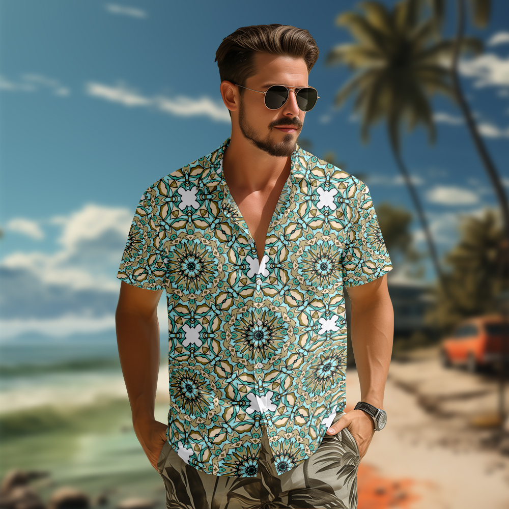 100% Cotton Men's Green Ethnic Totem Print Short Sleeve Shirt