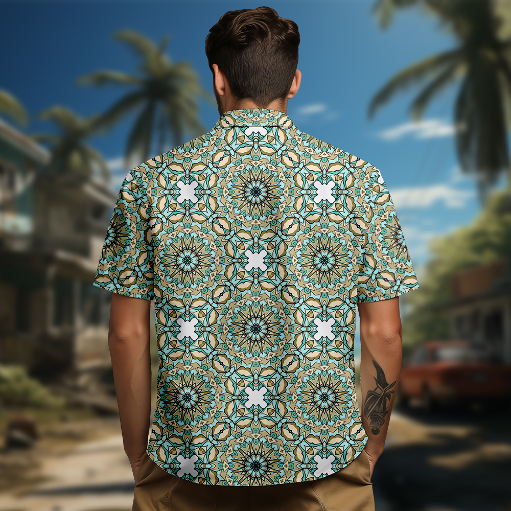 100% Cotton Men's Green Ethnic Totem Print Short Sleeve Shirt