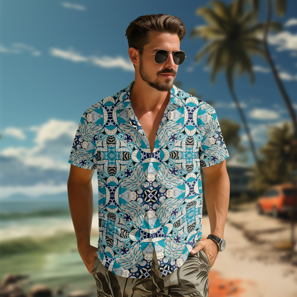 100% Cotton Men's Green Retro Patterns Print Short Sleeve Shirt