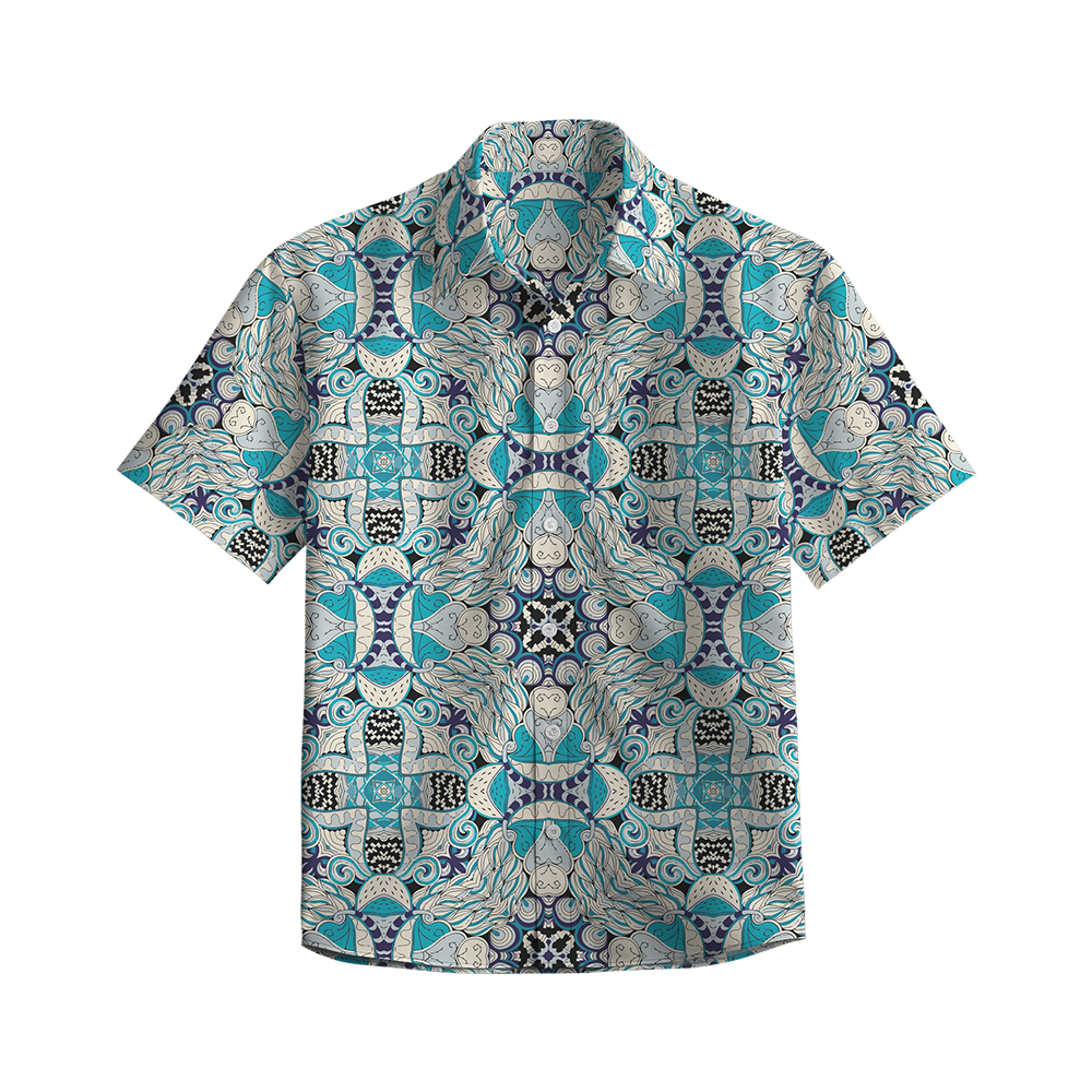 100% Cotton Men's Green Retro Patterns Print Short Sleeve Shirt