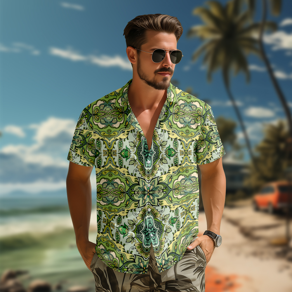 100% Cotton Men's Green Retro Totem Print Short Sleeve Shirt