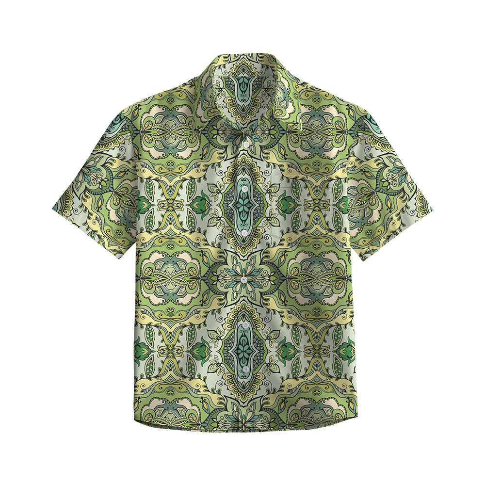 100% Cotton Men's Green Retro Totem Print Short Sleeve Shirt