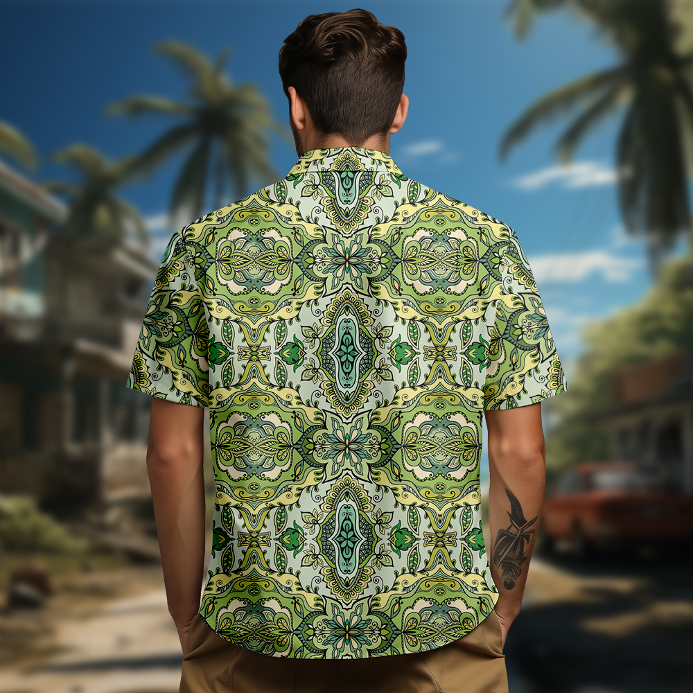 100% Cotton Men's Green Retro Totem Print Short Sleeve Shirt