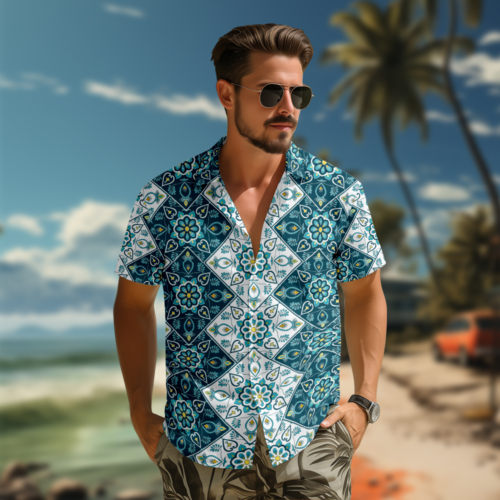 100% Cotton Men's Green Floral Totem Print Short Sleeve Shirt