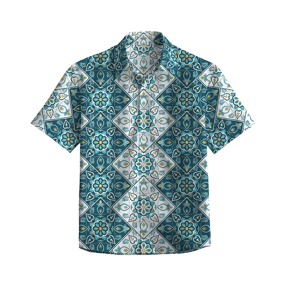 100% Cotton Men's Green Floral Totem Print Short Sleeve Shirt