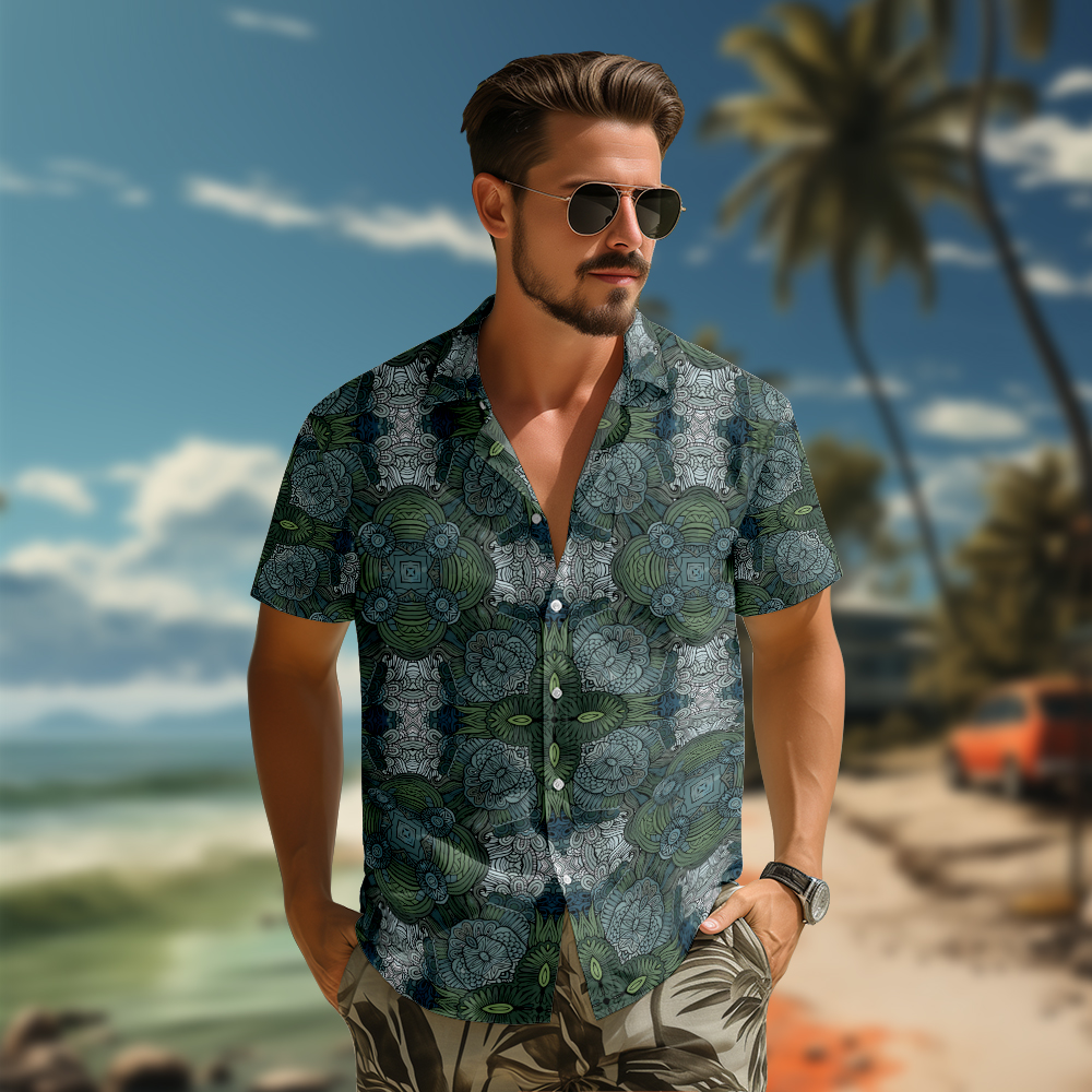 100% Cotton Men's Dark Green Totem Print Short Sleeve Shirt
