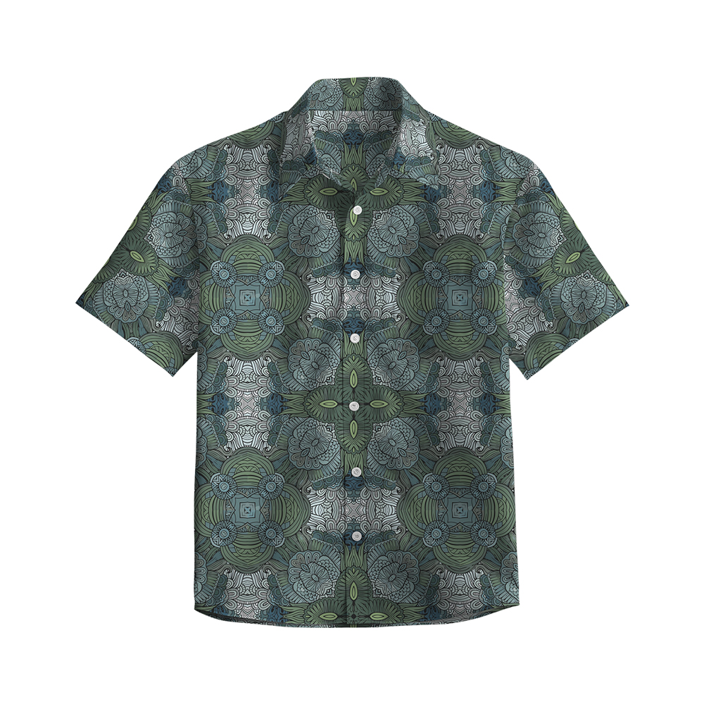 100% Cotton Men's Dark Green Totem Print Short Sleeve Shirt
