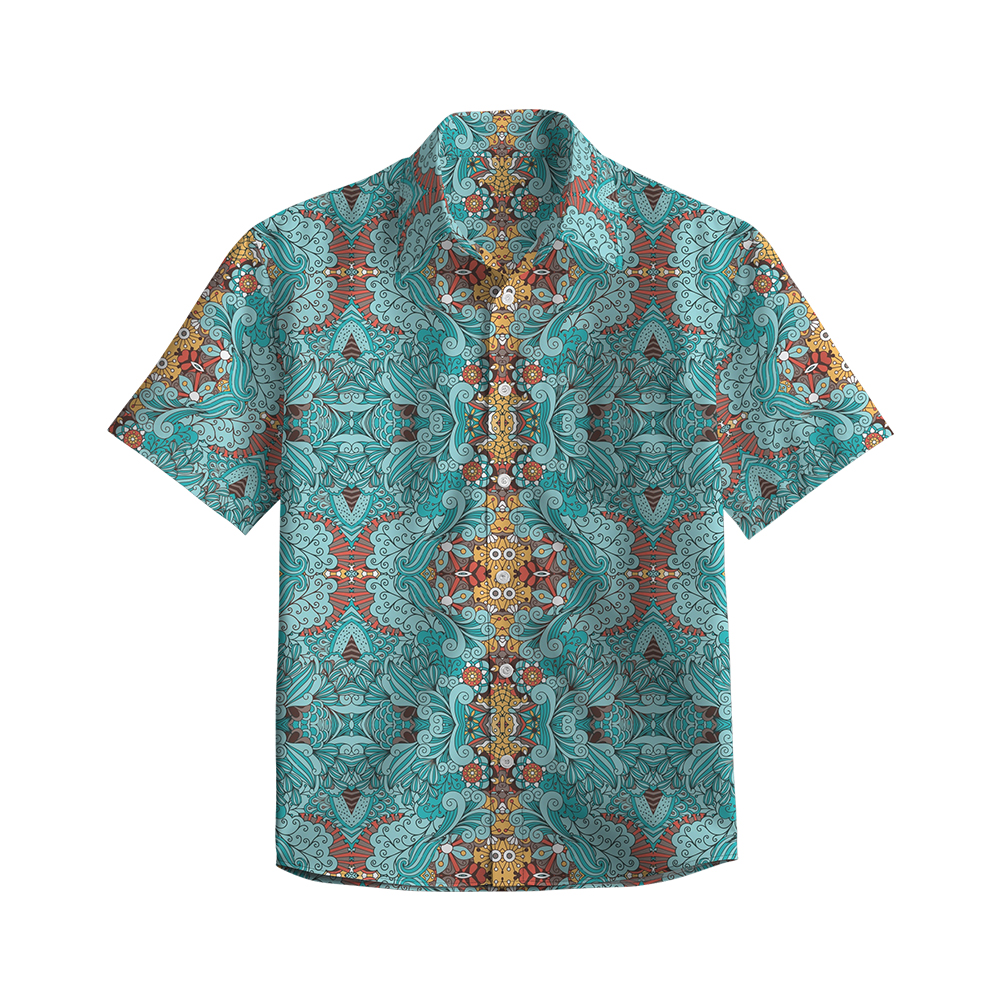 100% Cotton Men's Green Ancient Totem Print Short Sleeve Shirt