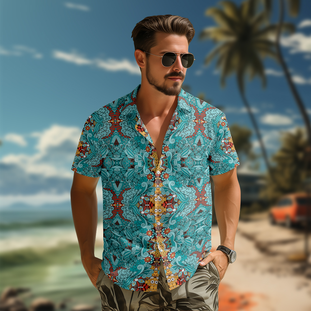 100% Cotton Men's Green Ancient Totem Print Short Sleeve Shirt