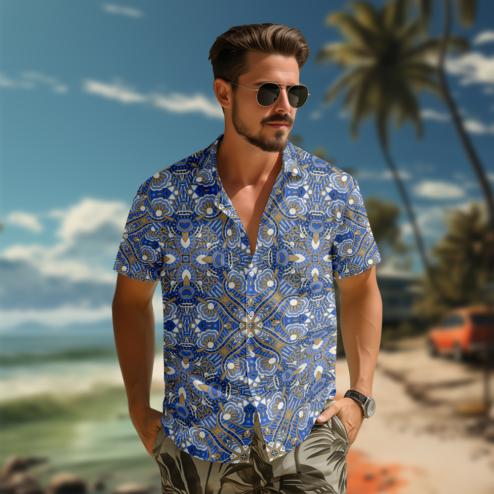 100% Cotton Men's Blue Ancient Totem Print Short Sleeve Shirt