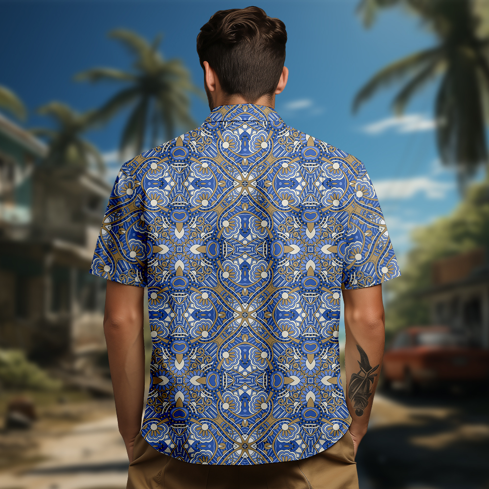 100% Cotton Men's Blue Ancient Totem Print Short Sleeve Shirt