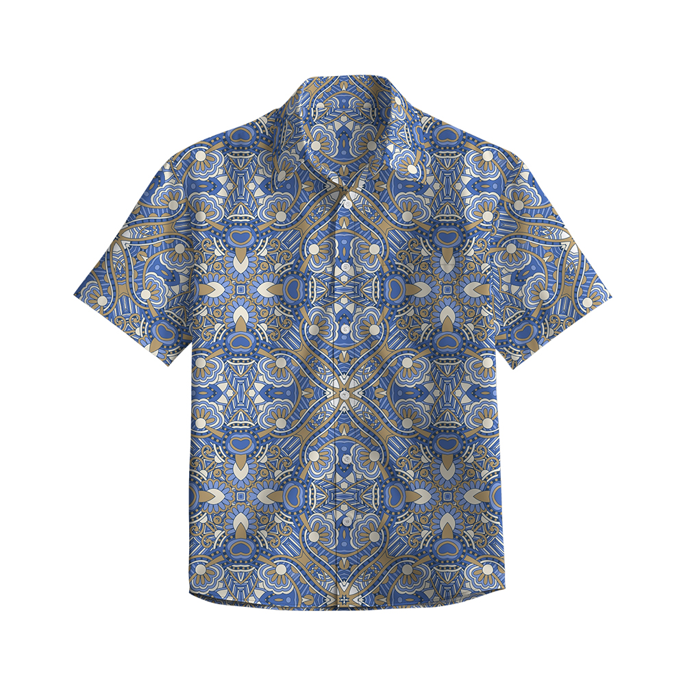 100% Cotton Men's Blue Ancient Totem Print Short Sleeve Shirt