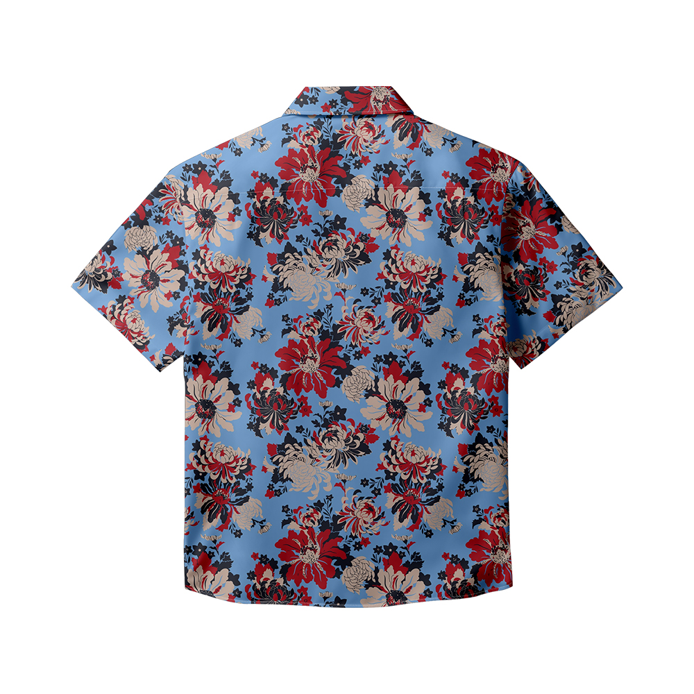 100% Cotton Men's Blue Retro Totem Print Short Sleeve Shirt