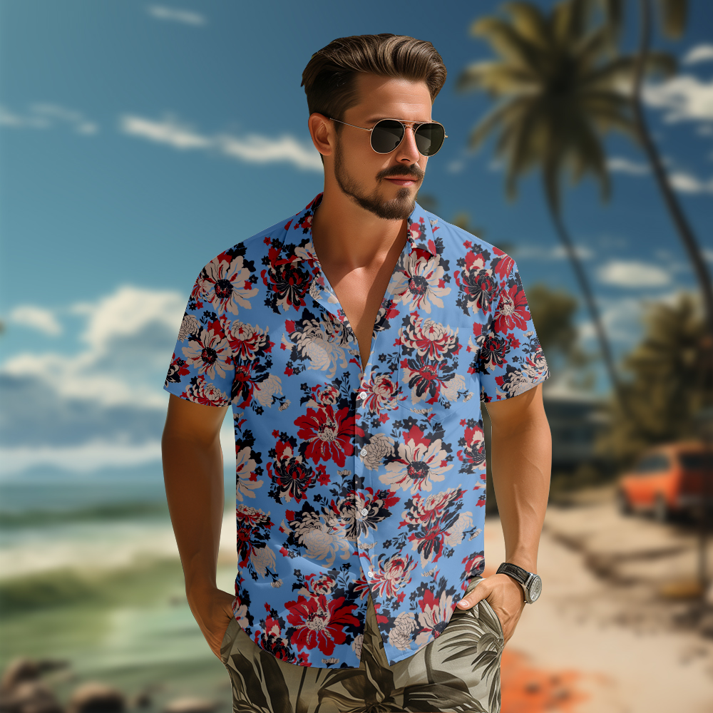 100% Cotton Men's Blue Retro Totem Print Short Sleeve Shirt