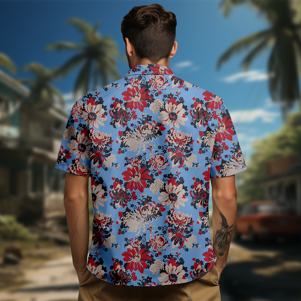 100% Cotton Men's Blue Retro Totem Print Short Sleeve Shirt