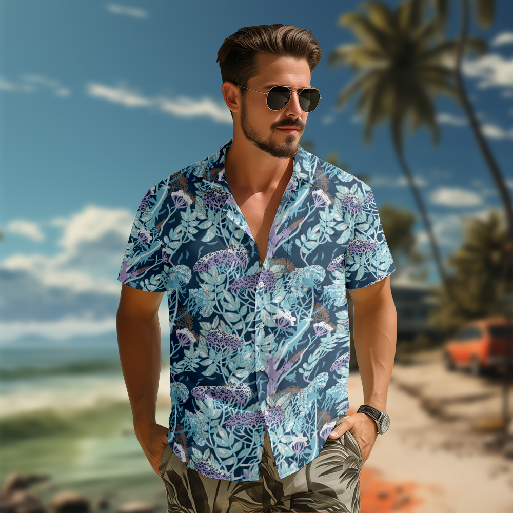 100% Cotton Men's Blue Floral Print Short Sleeve Shirt