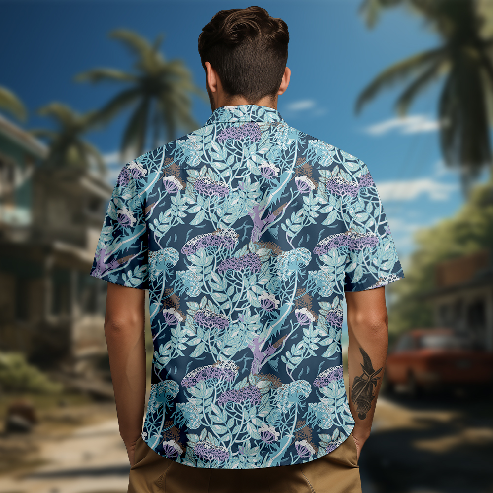 100% Cotton Men's Blue Floral Print Short Sleeve Shirt