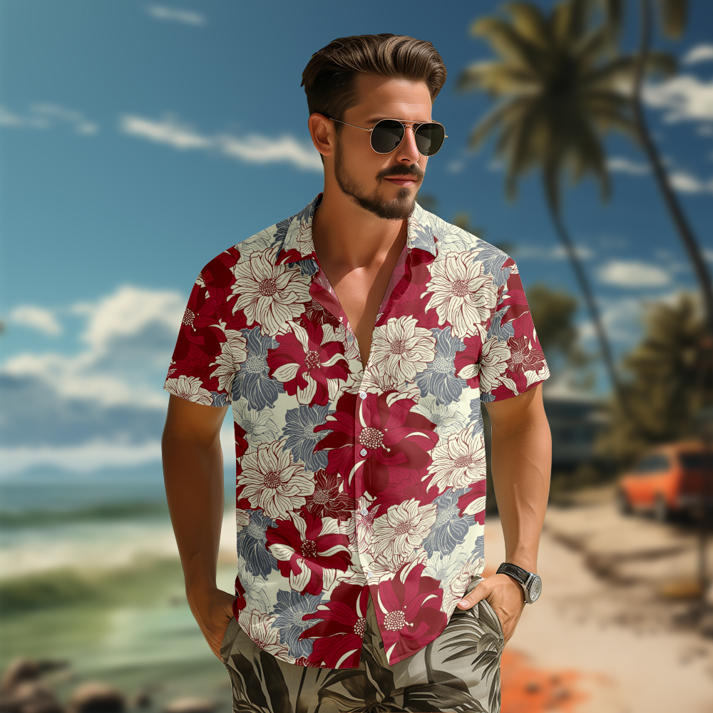 100% Cotton Men's Red Floral Print Short Sleeve Shirt