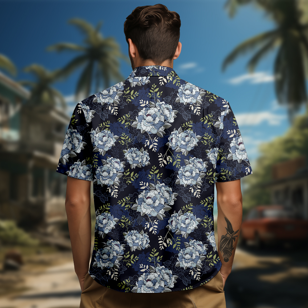 100% Cotton Men's Black Floral Print Short Sleeve Shirt