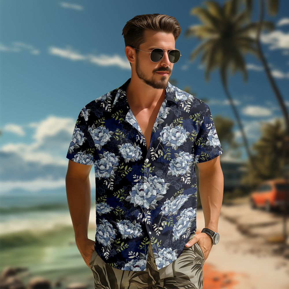 100% Cotton Men's Black Floral Print Short Sleeve Shirt