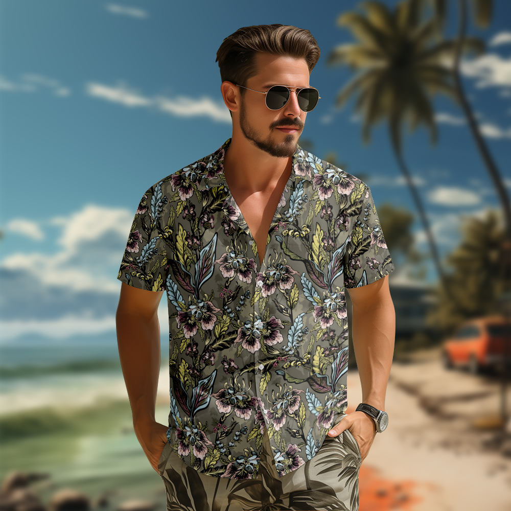 100% Cotton Men's Brown Floral Print Short Sleeve Shirt