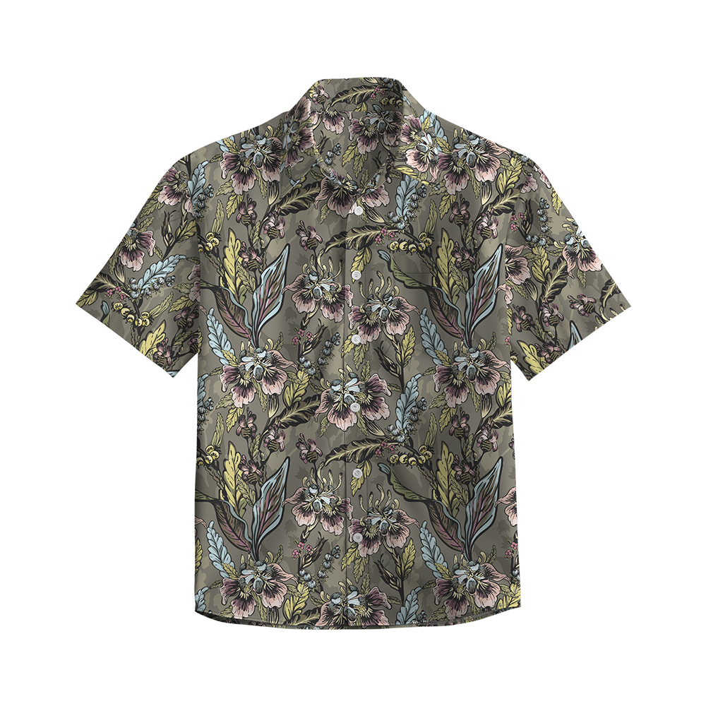 100% Cotton Men's Brown Floral Print Short Sleeve Shirt