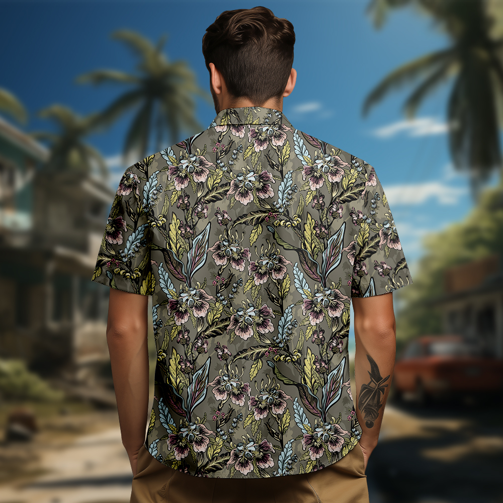 100% Cotton Men's Brown Floral Print Short Sleeve Shirt
