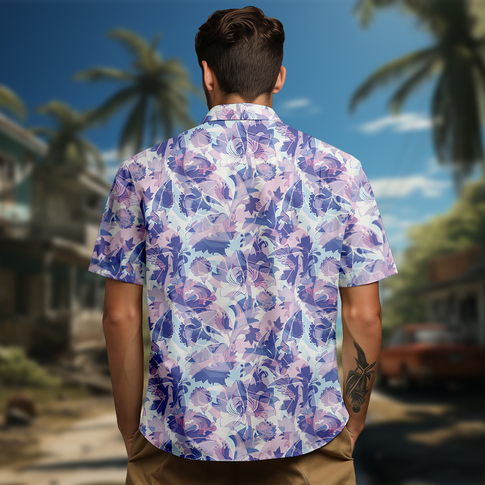 100% Cotton Men's Purple Floral Print Short Sleeve Shirt