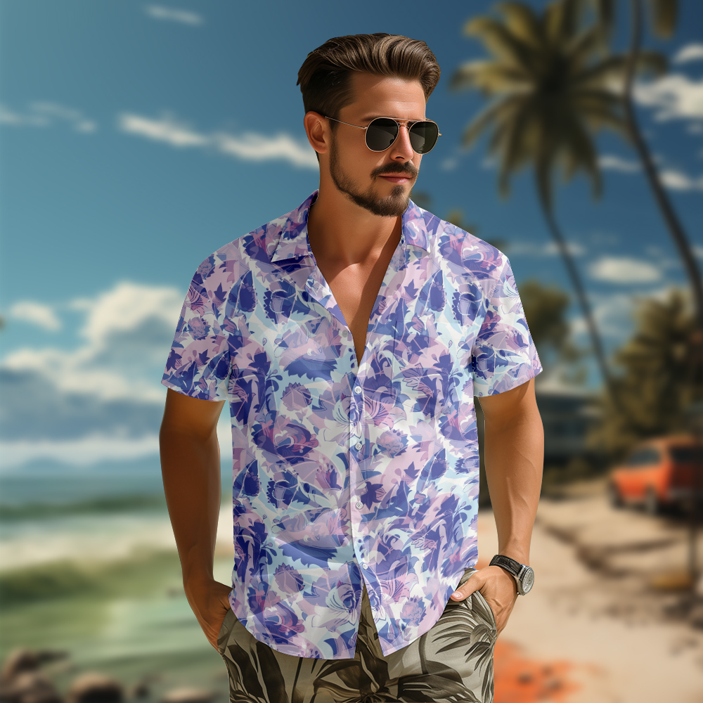 100% Cotton Men's Purple Floral Print Short Sleeve Shirt