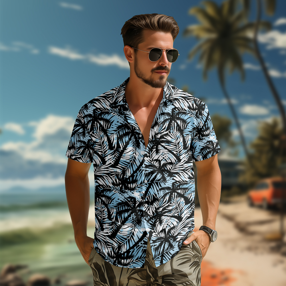 100% Cotton Men's Blue Hawaii Print Short Sleeve Shirt