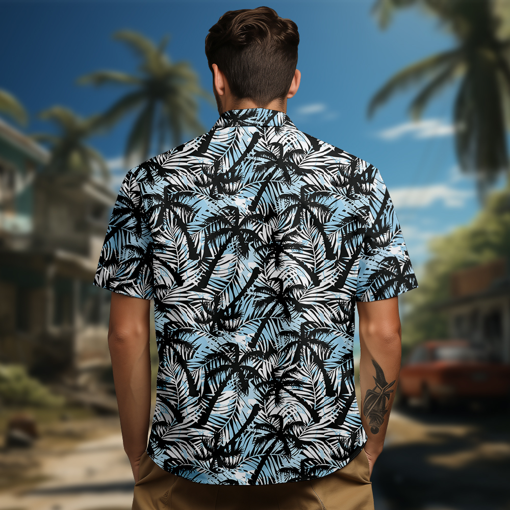 100% Cotton Men's Blue Hawaii Print Short Sleeve Shirt