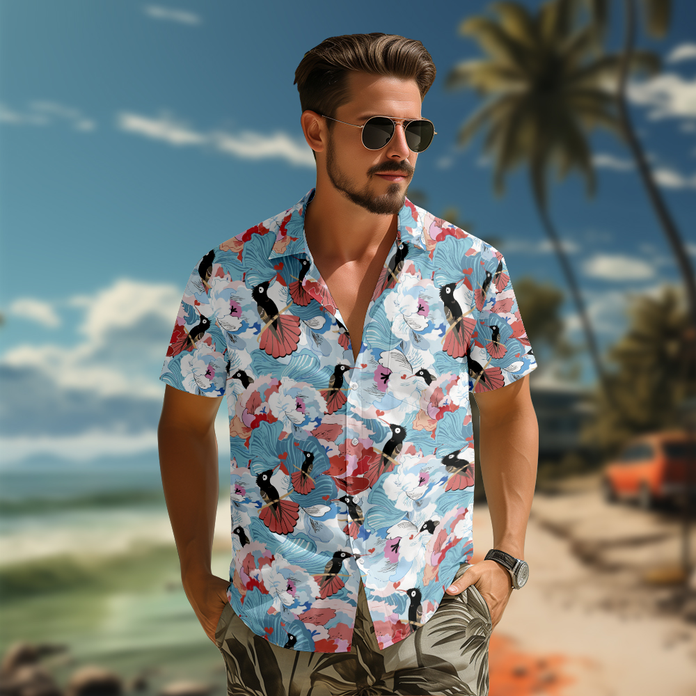 100% Cotton Men's Blue Bird Hawaii Print Short Sleeve Shirt